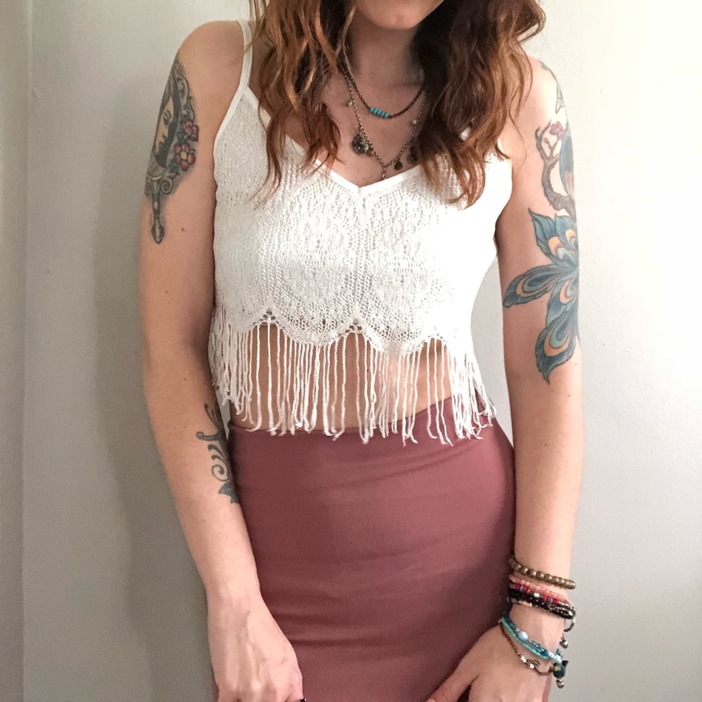 White Fringe Crop Top